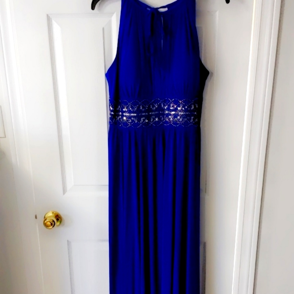 Laura formal sleeveless blue sequence empire waist dress
